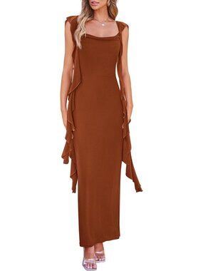 Women's Brown Wedding Guest Dress Sleeveless Ruffle Formal Cocktail Party Maxi